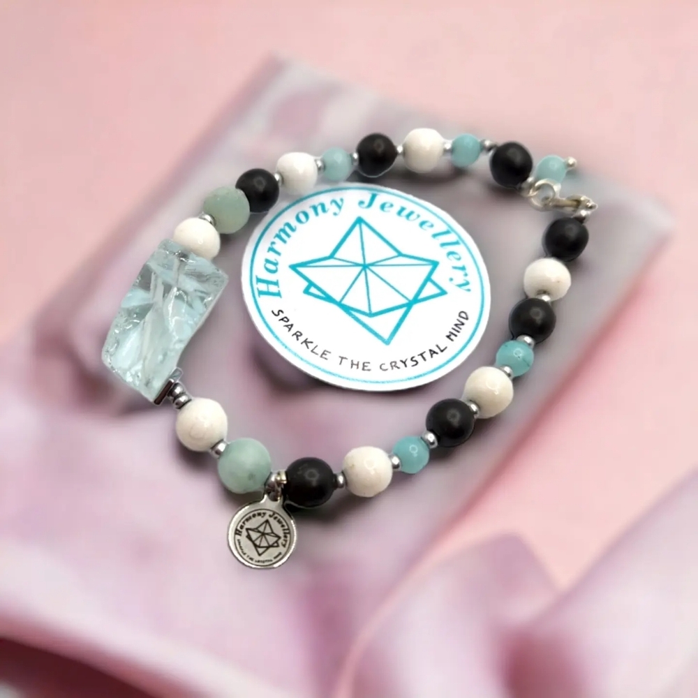 Raw Aquamarine, Amazonite, Howlite, Black Agate charm bracelet